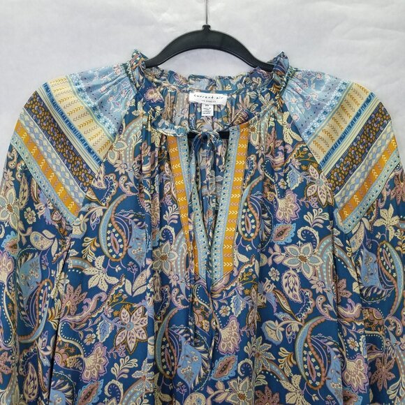 Current Air Blouse Women XS Long Sleeve Boho Paisley Satin Colorful Anthropologi - Picture 3 of 16